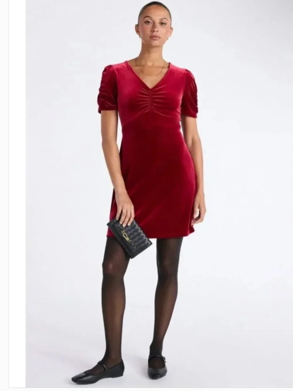 Time and Tru Womens Size Medium 8-10 V-Neck Puff Sleeve Velvet Velour Mini Dress